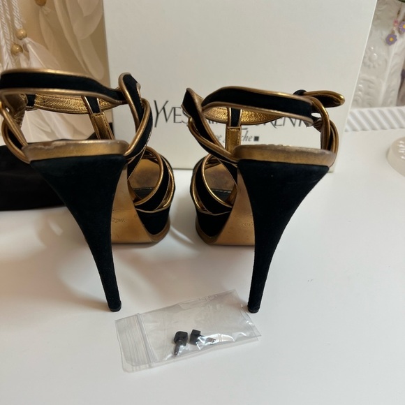 Yves Saint Laurent YSL Suede Black Gold Cutout Accent T-Strap Sandals - Picture 5 of 13